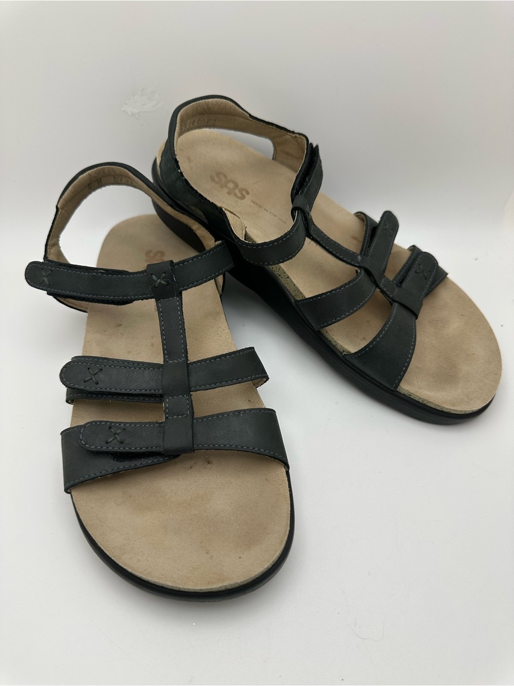 SAS Black Leather Strappy Sandals Hook & Loop Adjustable Women US 8 W Comfort